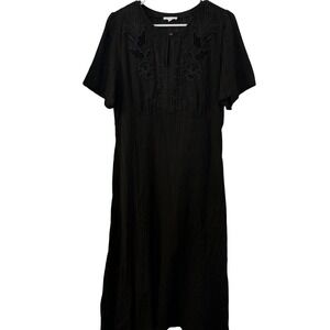 Calme Black Embroidered Midi Dress Metallic Stripe Cotton Short Sleeve Womens M